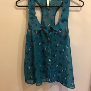Sheer floral blue tank with Peter Pan collar